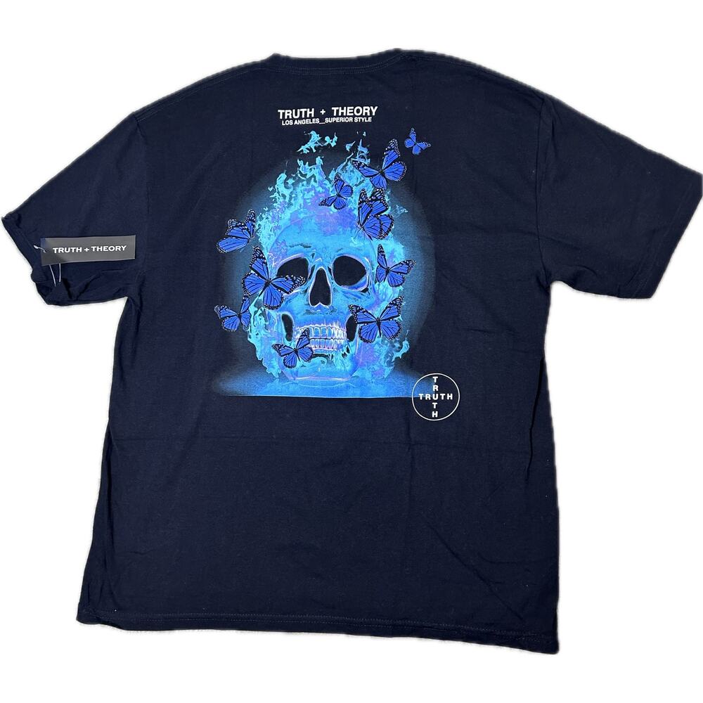 Truth+Theory Mens Butterfly Skull Drip T-Shirt Tee Size L Black Blue Cotton NEW
